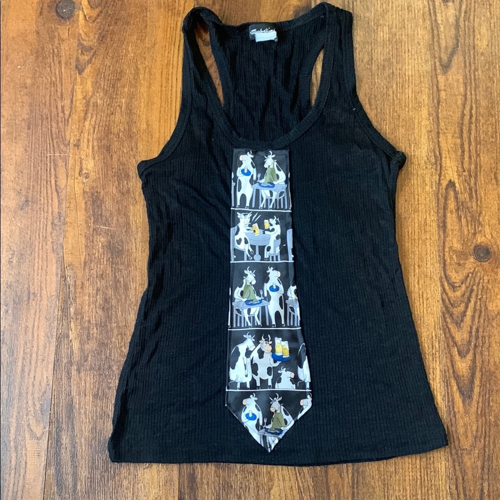 Upcycled Black Tank Top with Graphic Cow Tie Design